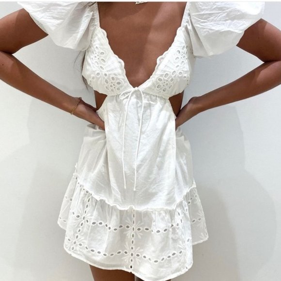 Sabo Skirt Dresses & Skirts - Sabo Skirt Ray Mini Dress Puff Sleeves Cut out Eyelet White Size Large